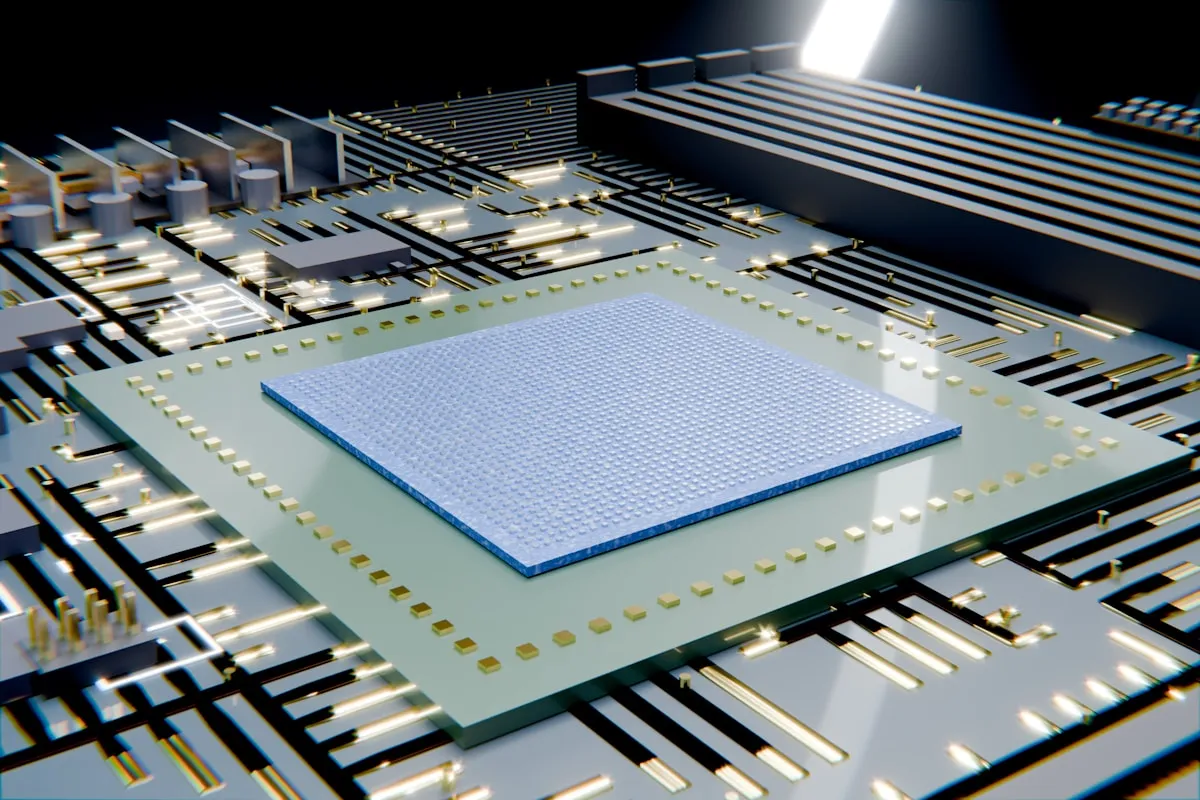 A modern computer chip mounted on an electronic circuit board