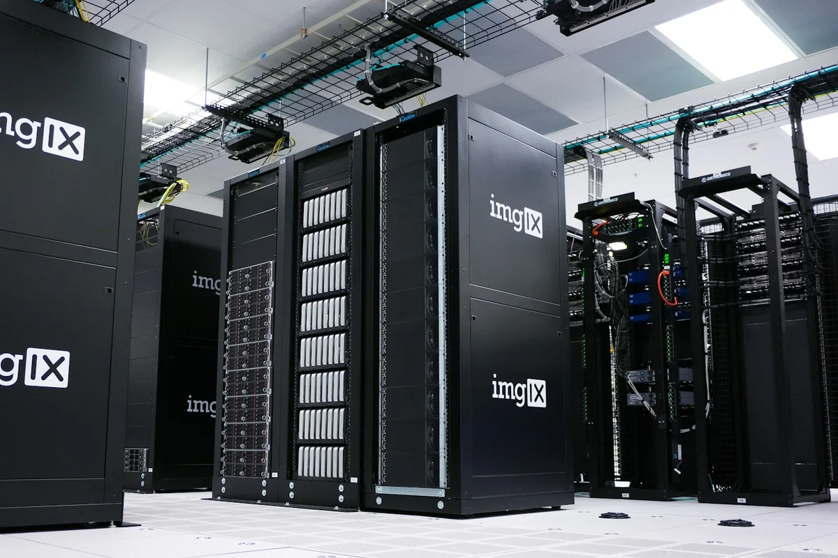 Rack-mounted servers in a bright machine room