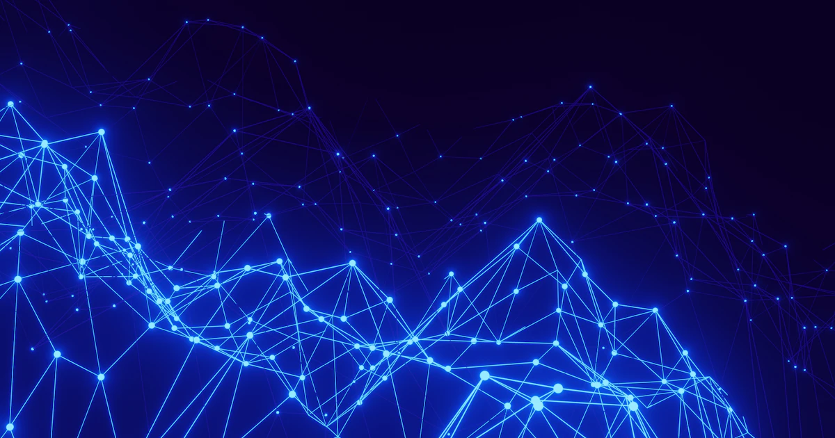 A blue background with connecting lines and dots
