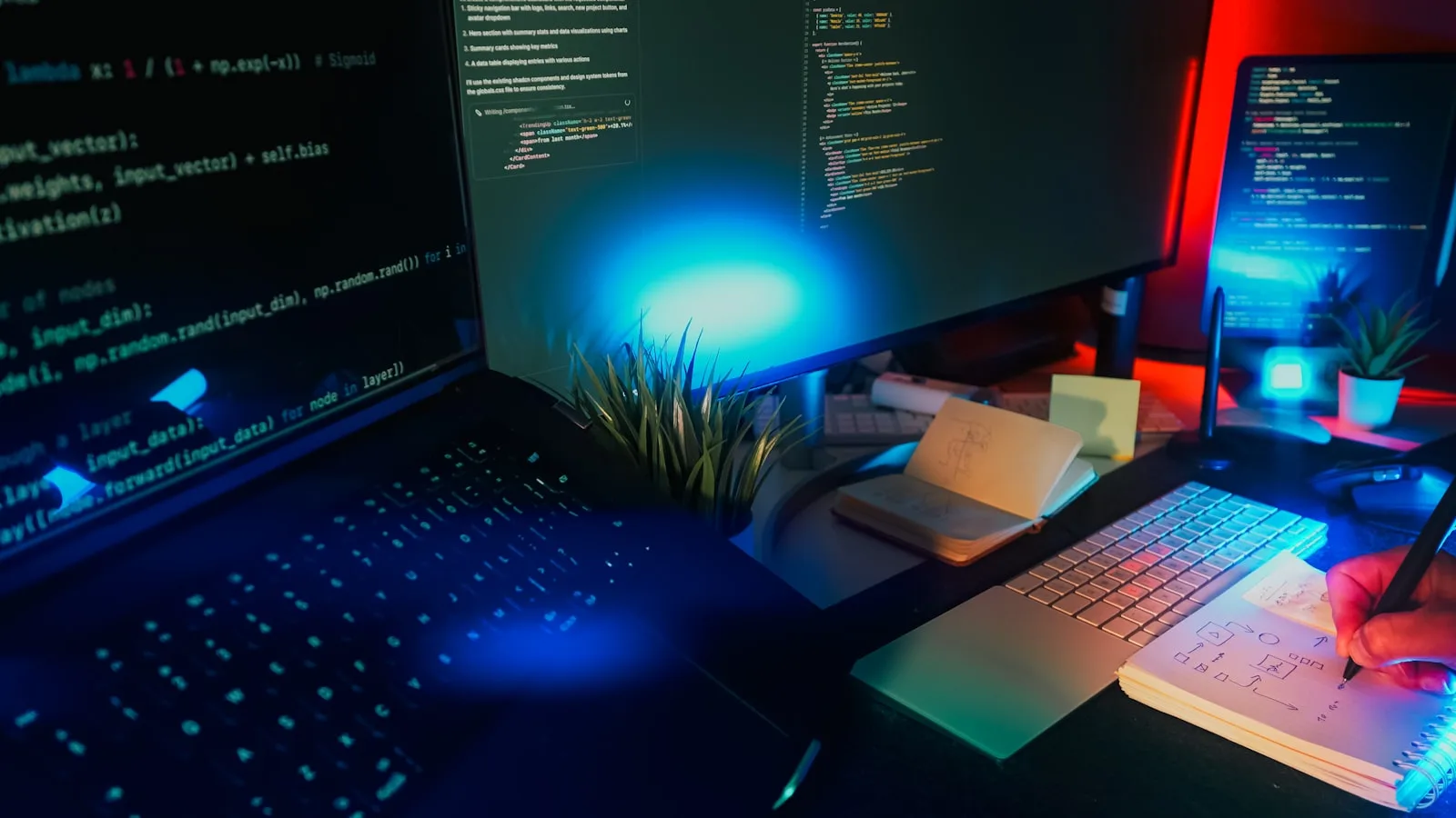 Multiple monitors displaying colorful lines of code in a neon-lit programming workspace