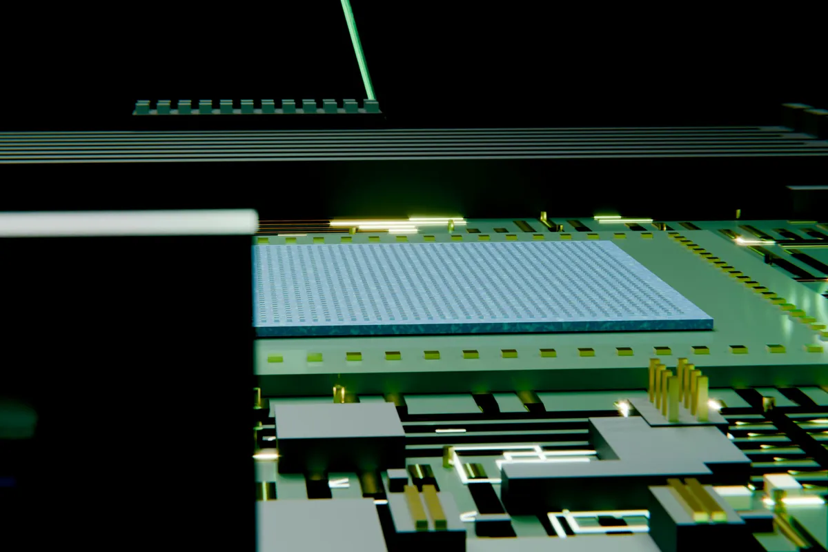Circuit board with a large blue processor package at its centre