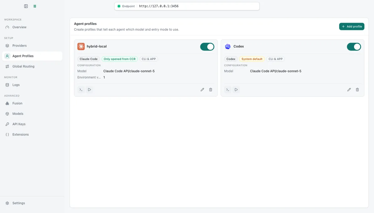 Agent profile card named hybrid-local tagged Claude Code, Only opened from CCR, CLI and APP