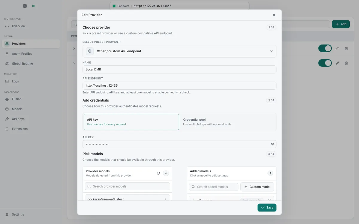 Provider edit dialog with the custom endpoint preset selected and the API endpoint field set to http://localhost:12435