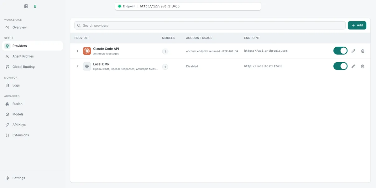 Claude Code Router provider list showing the imported Claude Code API provider failing with HTTP 401 and a working Local DMR provider on localhost port 12435