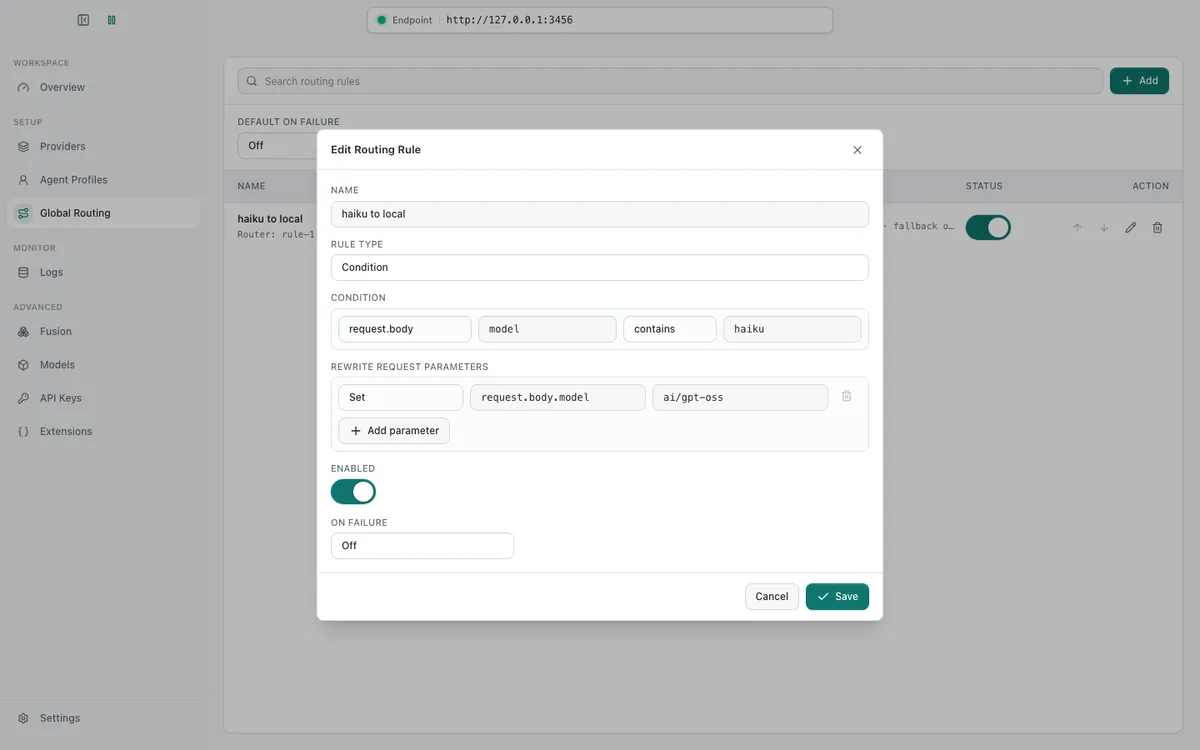 Claude Code Router rule editor showing a condition on request.body model containing haiku and a rewrite setting request.body.model to ai/gpt-oss