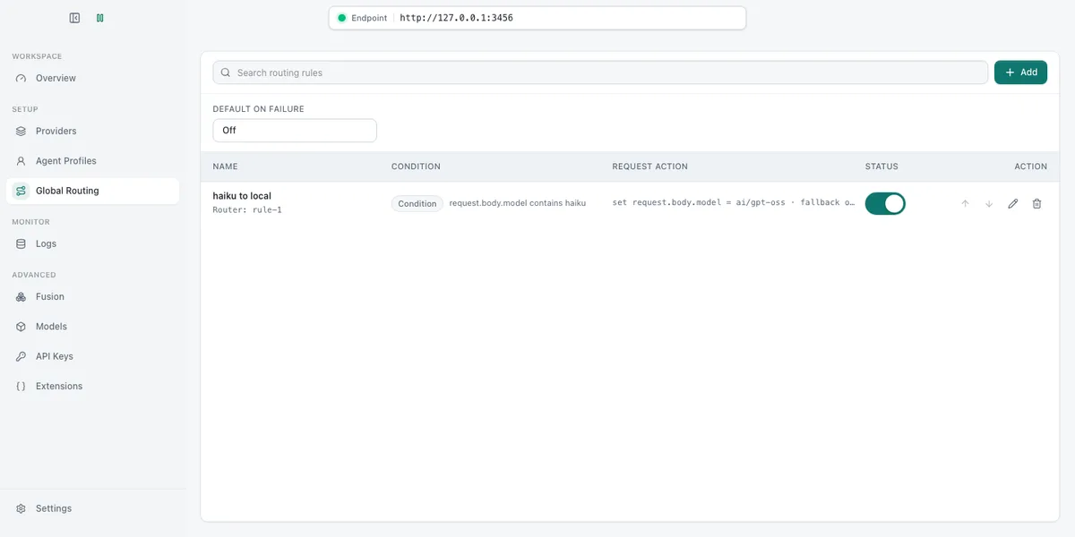 Global Routing list showing one enabled rule named haiku to local with its condition and rewrite summarised