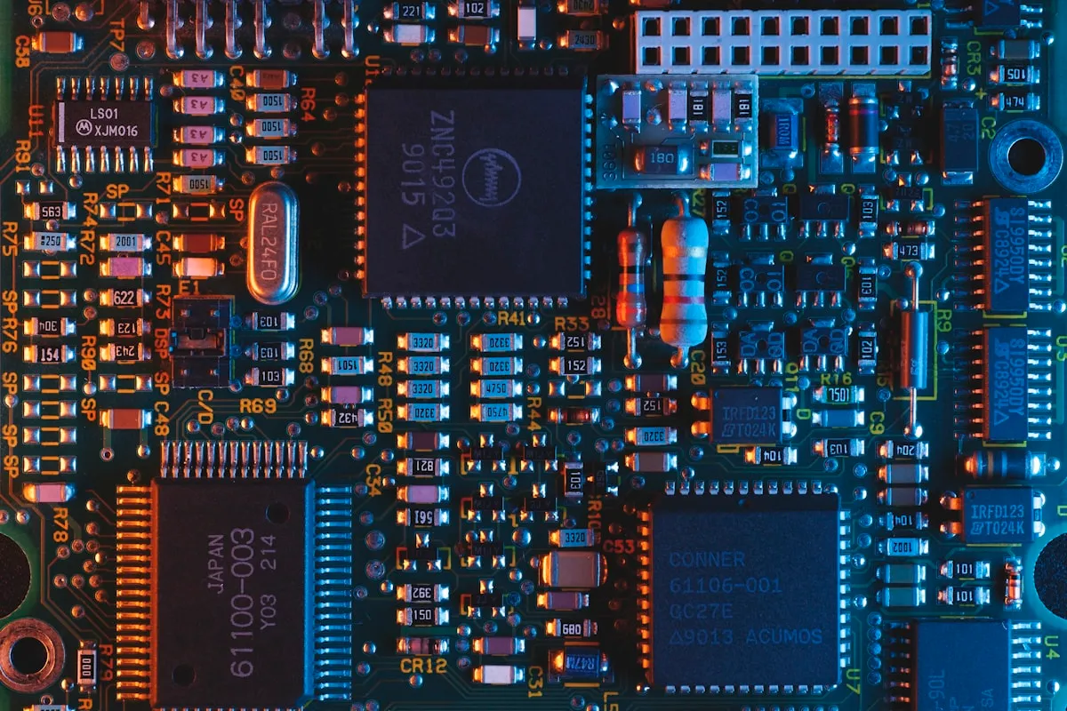 A blue printed circuit board photographed up close