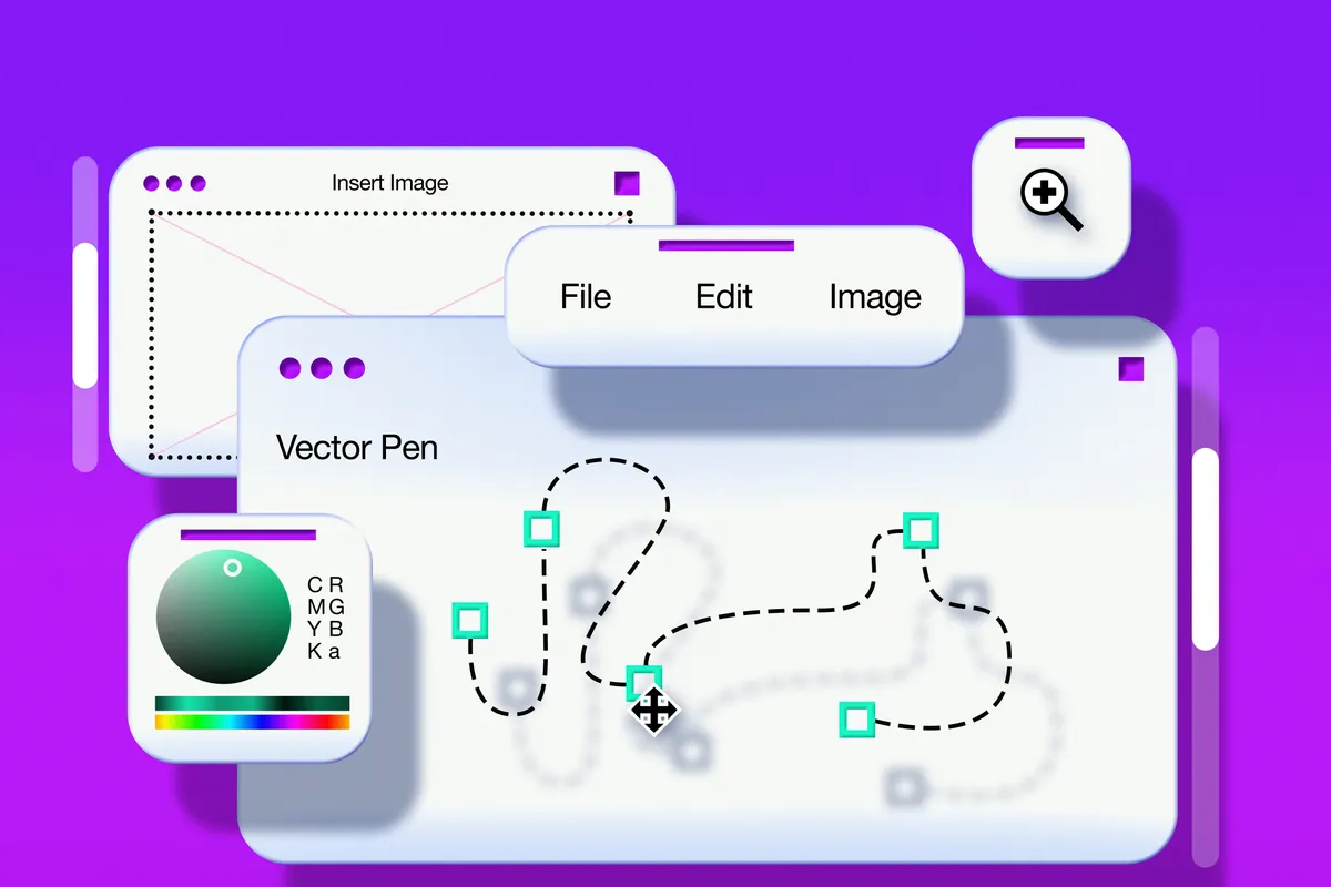 A 3D illustration of a design tool interface with vector pen, layers, and a color picker