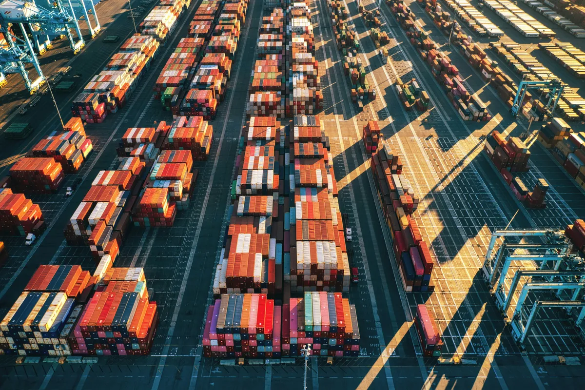 Container yard seen from above, every box waiting to be moved