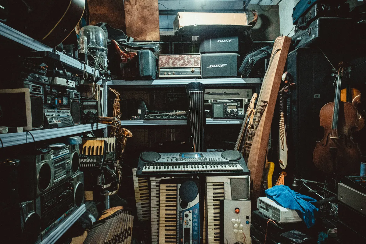Shelf of vintage instruments and electronics that came back into use