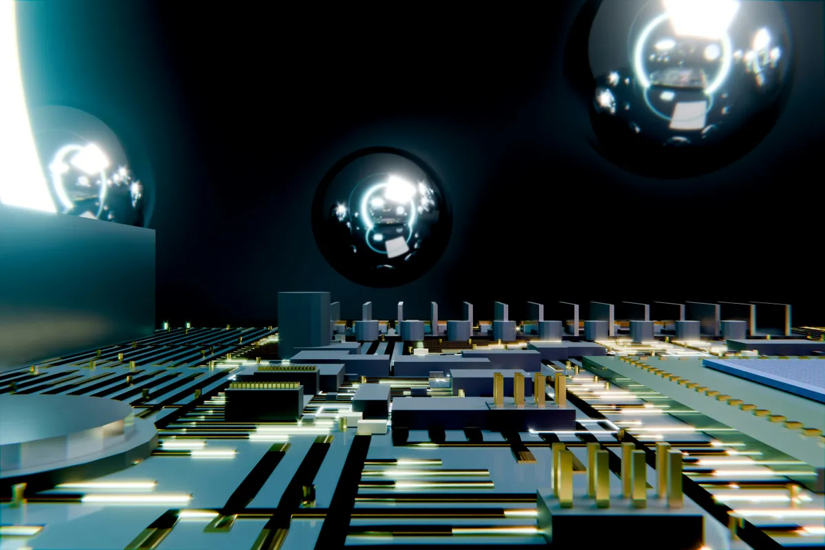 Circuit board lit from below with glowing traces and spheres