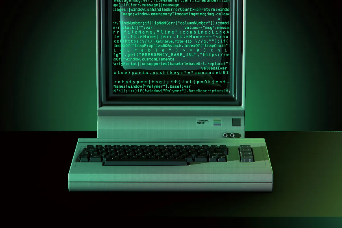A vintage computer terminal glowing green with lines of code on screen