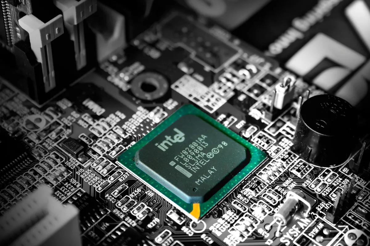 Intel computer processor chip mounted on a motherboard
