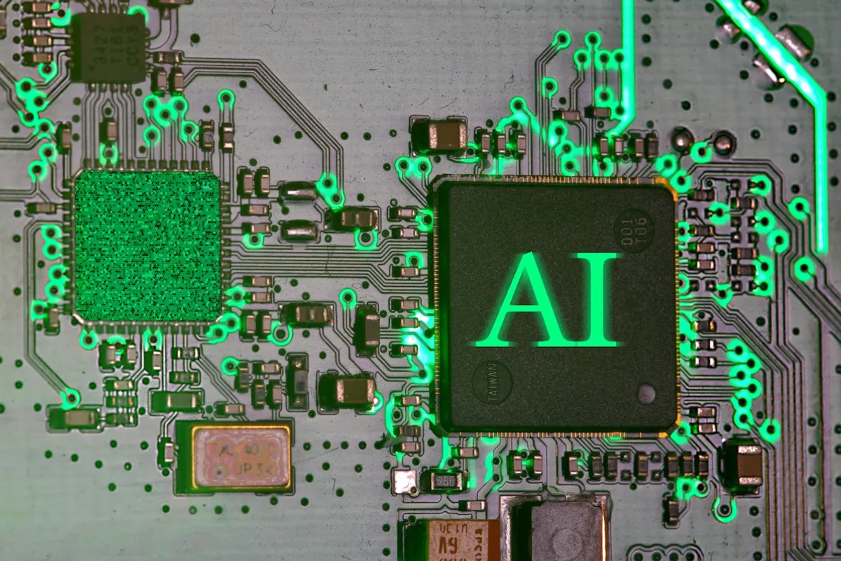 A glowing AI chip mounted on a circuit board