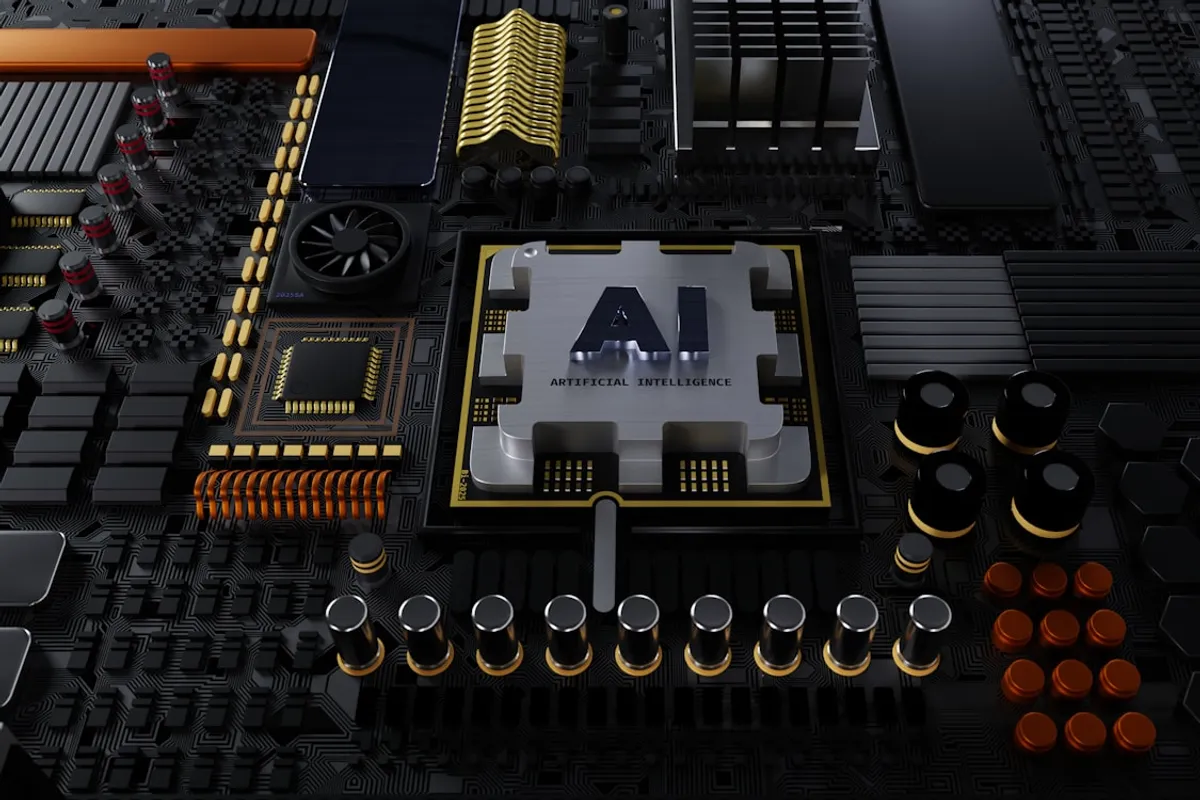 A close-up of a computer motherboard with many components