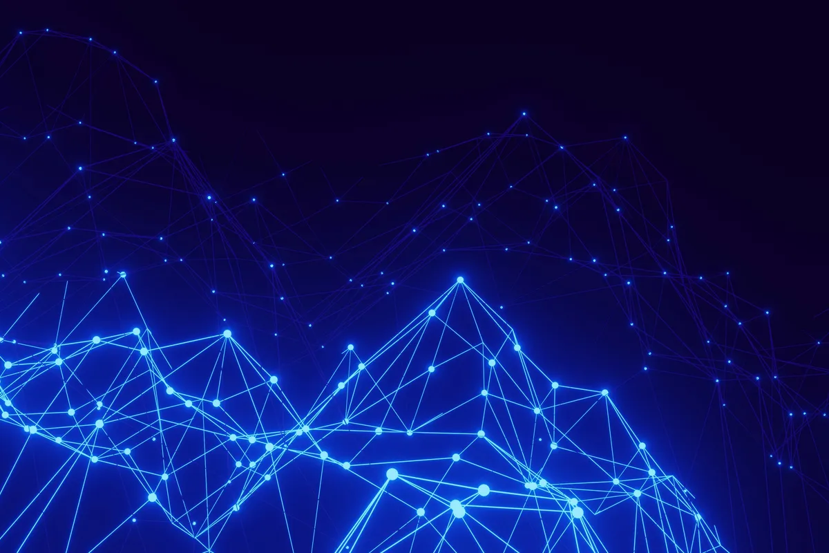 An abstract blue network of connected nodes and lines representing data