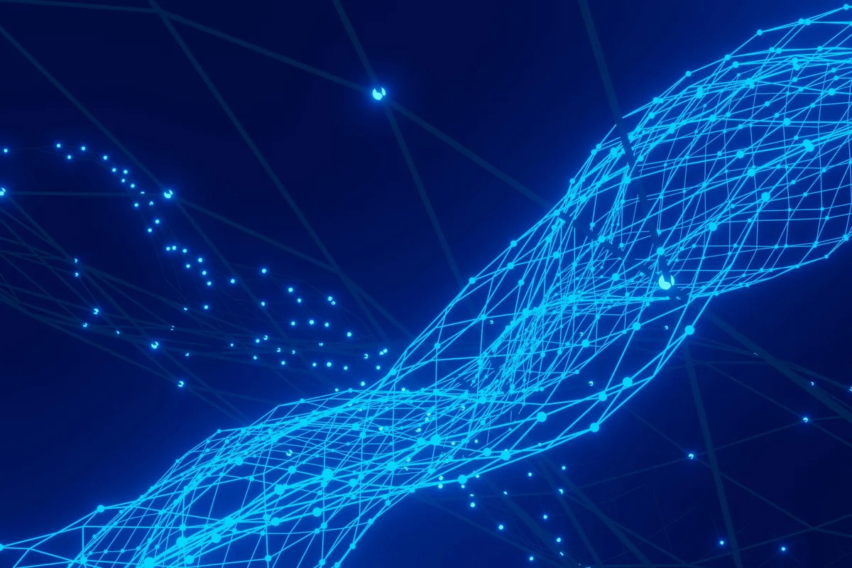A flowing blue mesh of data points streaming across a dark background