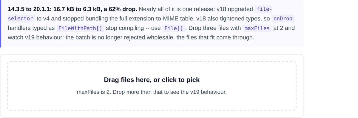 File dropzone area with a dashed border inviting a drag and drop, above a note about the maxFiles limit