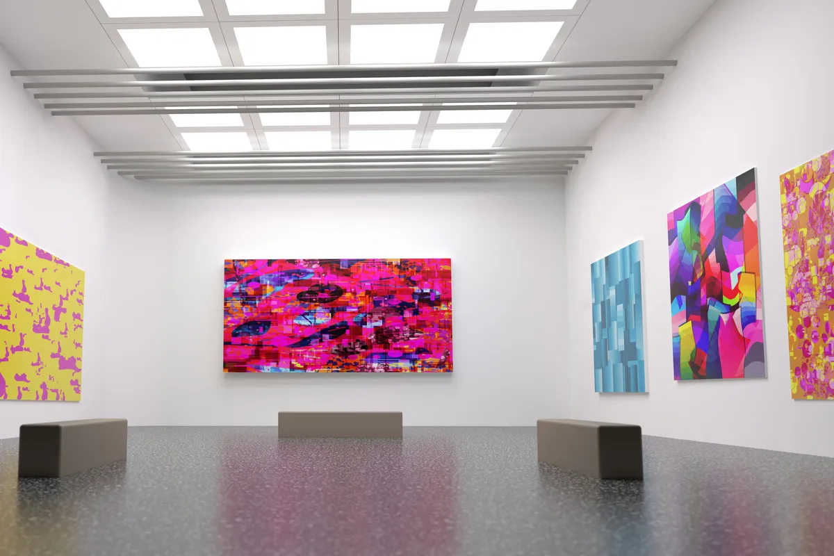 A gallery room with several colorful abstract paintings mounted on the walls